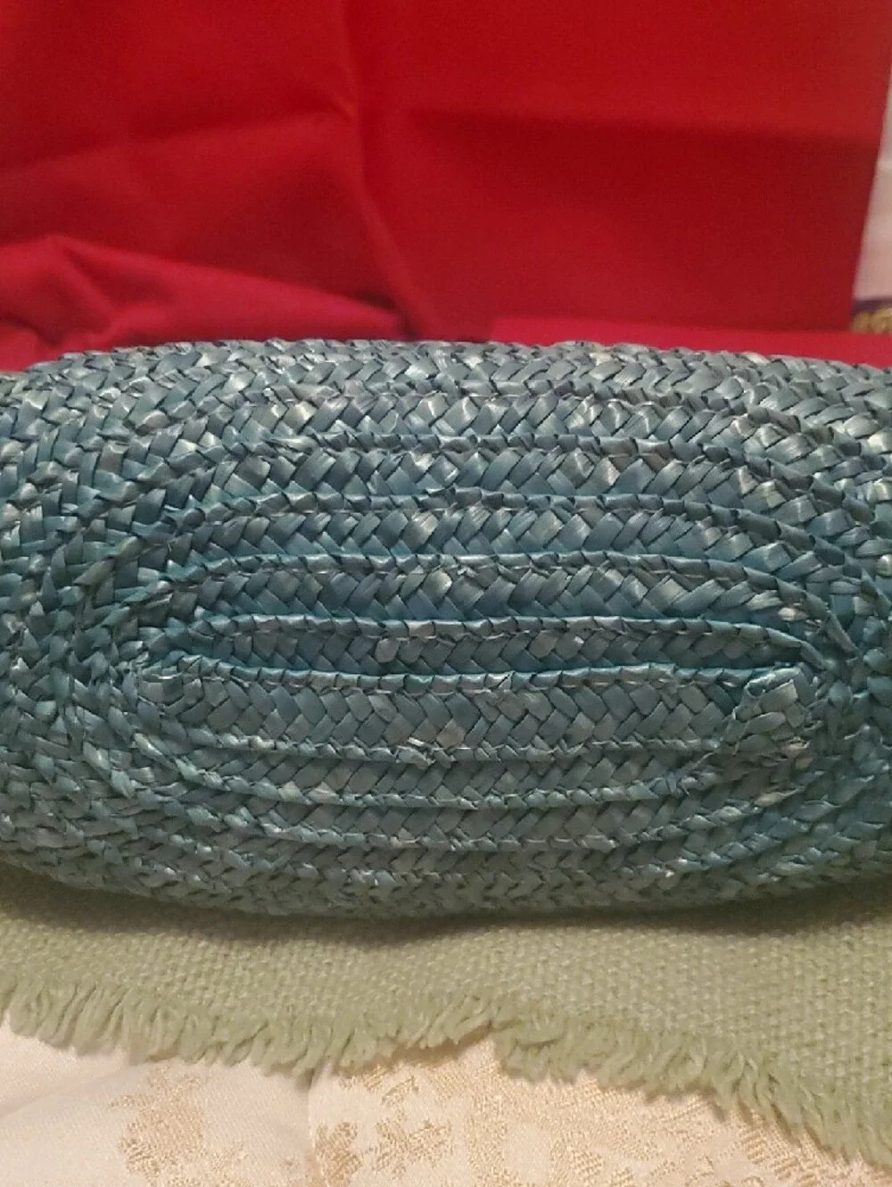 Striped Handwoven Straw Tote in Blue and Green with Wooden Handles - Picture 6 of 6